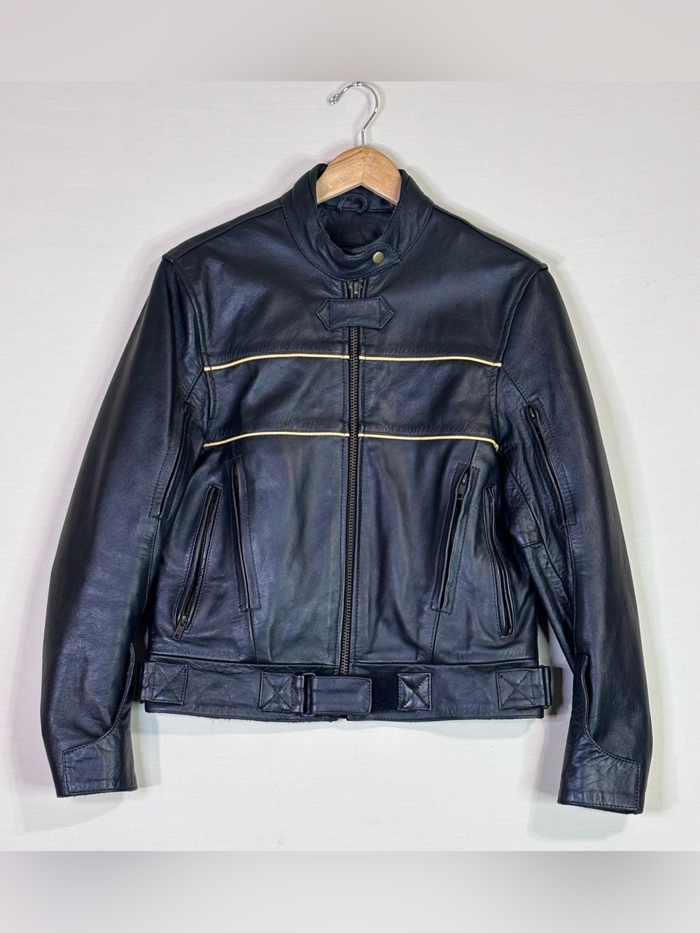Classic Black Leather Bomber Jacket with Subtle Gold Trim